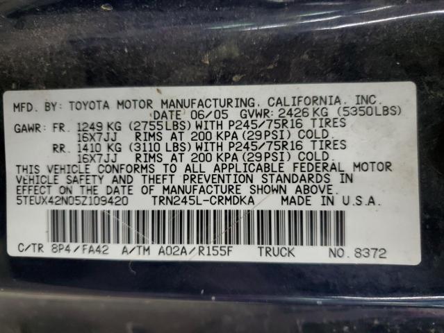5TEUX42N05Z109420 - 2005 TOYOTA TACOMA ACCESS CAB Blau Foto 12
