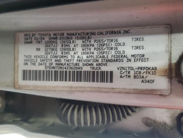 5TEHN72N14Z362849 - 2004 TOYOTA TACOMA DOUBLE CAB BEIGE photo 12