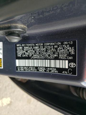 JTDKN3DU0D1734307 - 2013 TOYOTA PRIUS ნაცრისფერი ფოტო 12