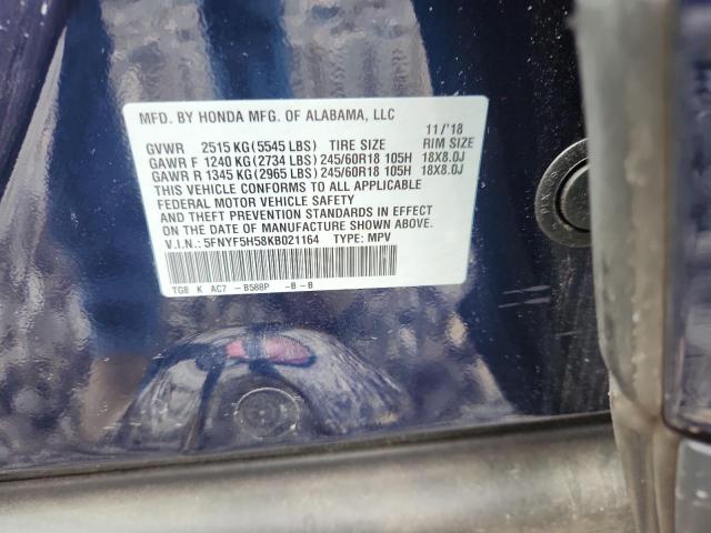 5FNYF5H58KB021164 - 2019 HONDA PILOT EXL BLUE photo 13