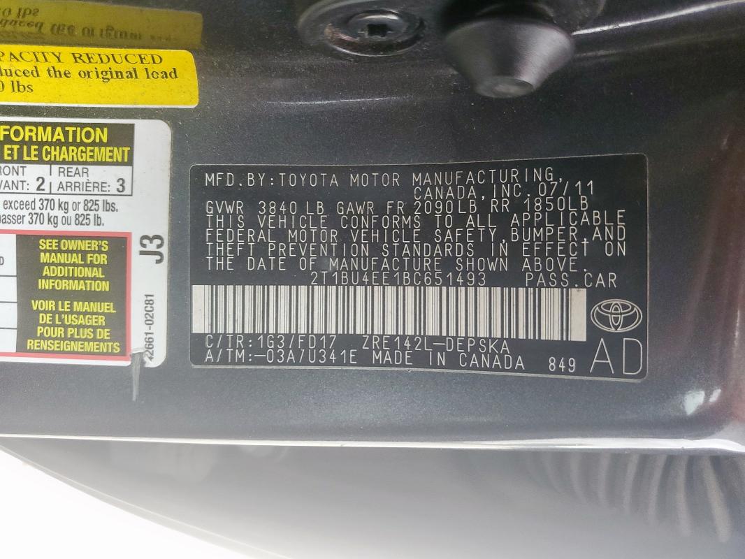 2T1BU4EE1BC651493 - 2011 TOYOTA COROLLA BASE Gri fotoğraf 12