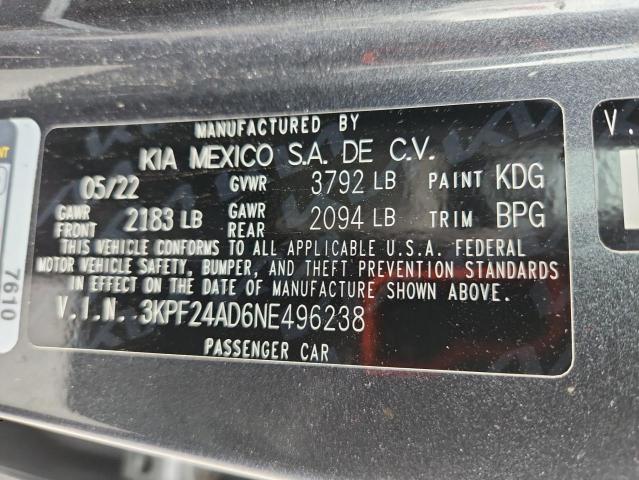 3KPF24AD6NE496238 - 2022 KIA FORTE FE GRAY photo 12