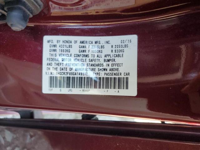 1HGCR2F89GA149072 - 2016 HONDA ACCORD EXL BURGUNDY photo 12