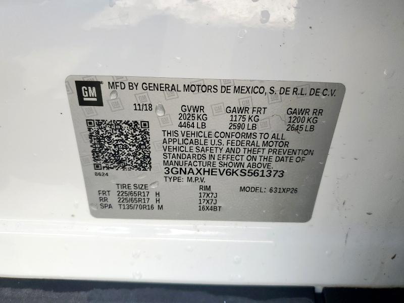 3GNAXHEV6KS561373 - 2019 CHEVROLET EQUINOX LS WHITE photo 12