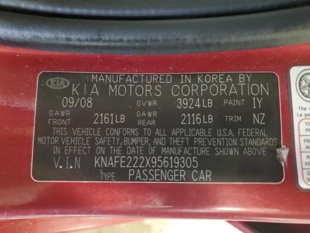 KNAFE222X95619305 - 2009 KIA SPECTRA EX RED photo 12