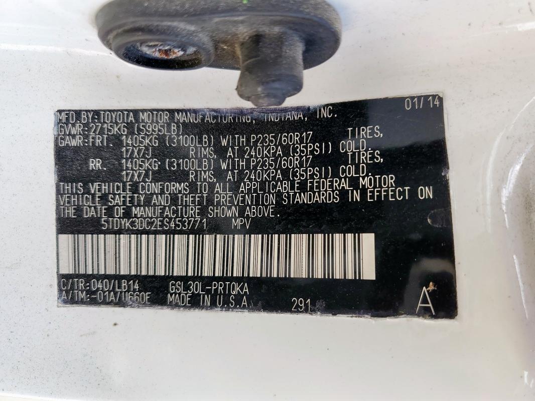 5TDYK3DC2ES453771 - 2014 TOYOTA SIENNA XLE Սպիտակ լուսանկար 13