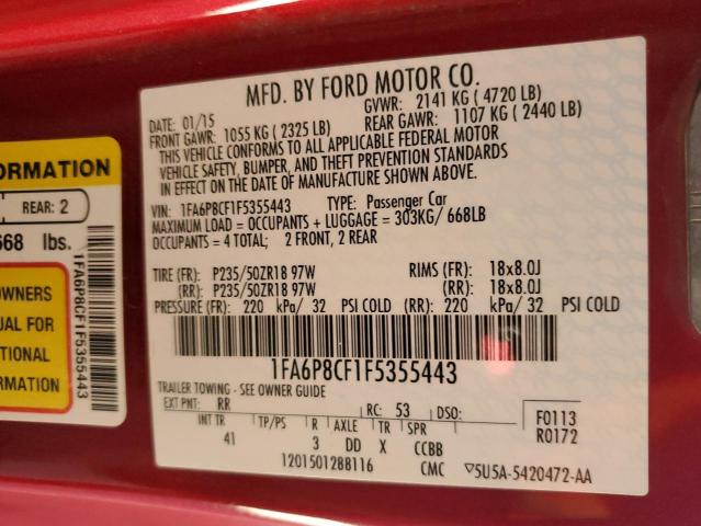 1FA6P8CF1F5355443 - 2015 FORD MUSTANG GT RED photo 12