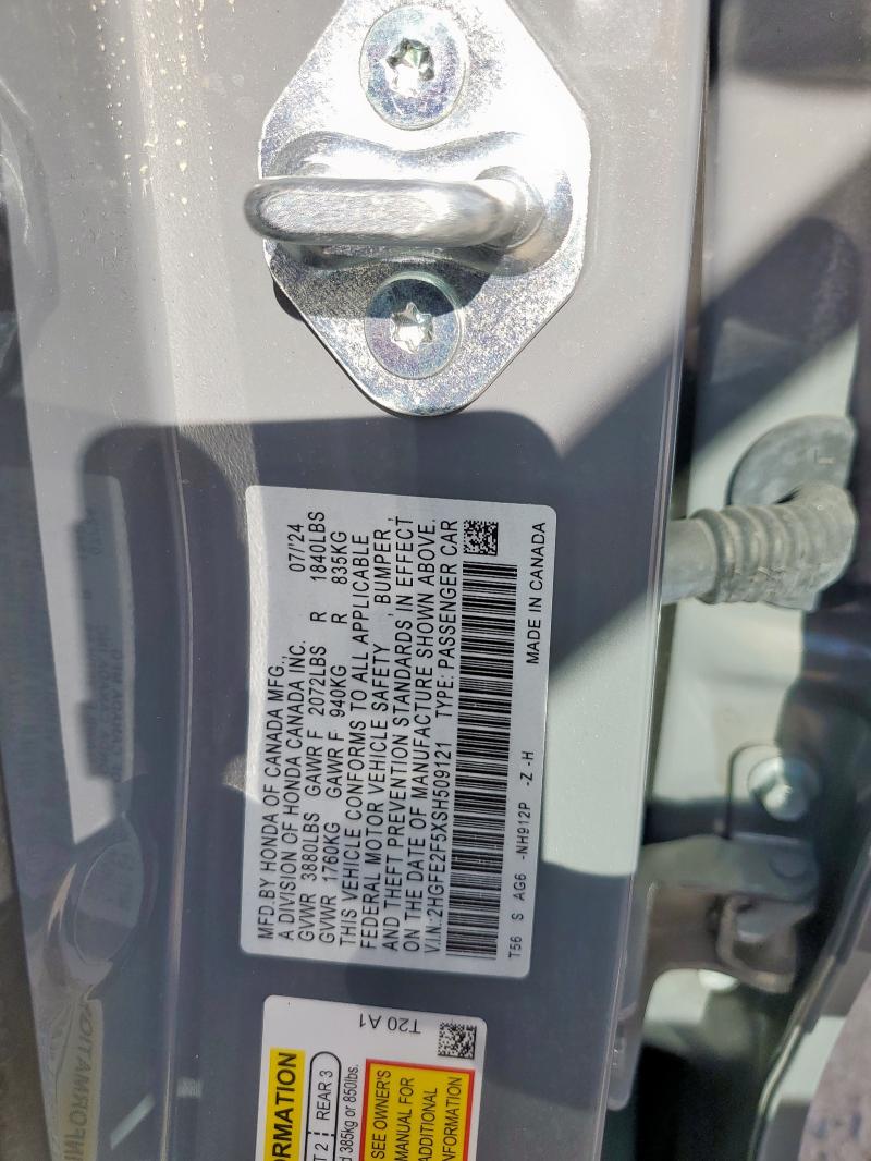 2HGFE2F5XSH509121 - 2025 HONDA CIVIC SPORT GRAY photo 12