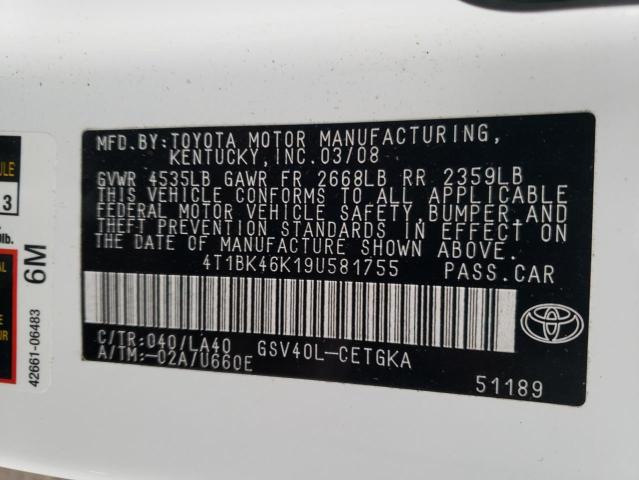 4T1BK46K19U581755 - 2009 TOYOTA CAMRY SE WHITE photo 12