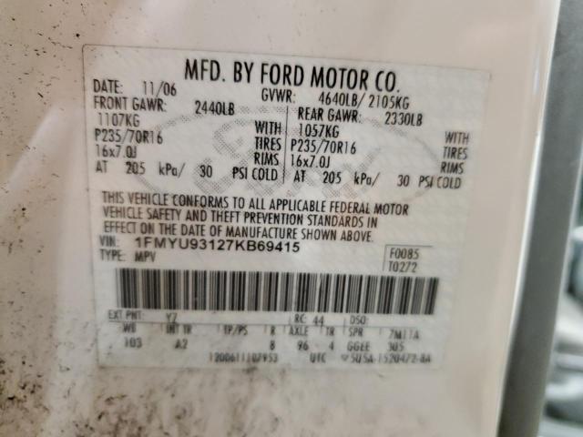 1FMYU93127KB69415 - 2007 FORD ESCAPE XLT WHITE photo 12