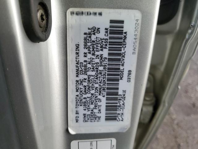 4T1BE32K53U189179 - 2003 TOYOTA CAMRY LE SILVER photo 12