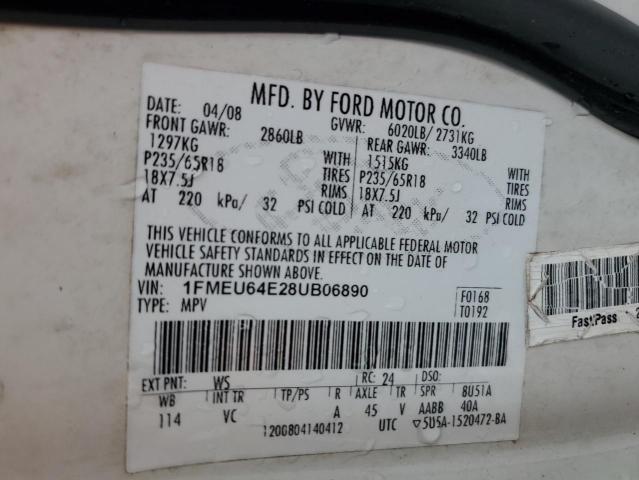 1FMEU64E28UB06890 - 2008 FORD EXPLORER EDDIE BAUER Weiß Foto 13