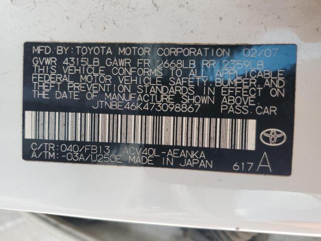 JTNBE46K473098867 - 2007 TOYOTA CAMRY CE WHITE photo 12