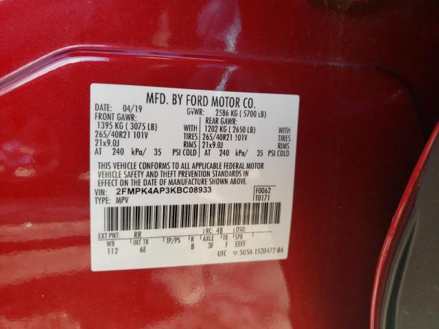 2FMPK4AP3KBC08933 - 2019 FORD EDGE ST RED photo 14