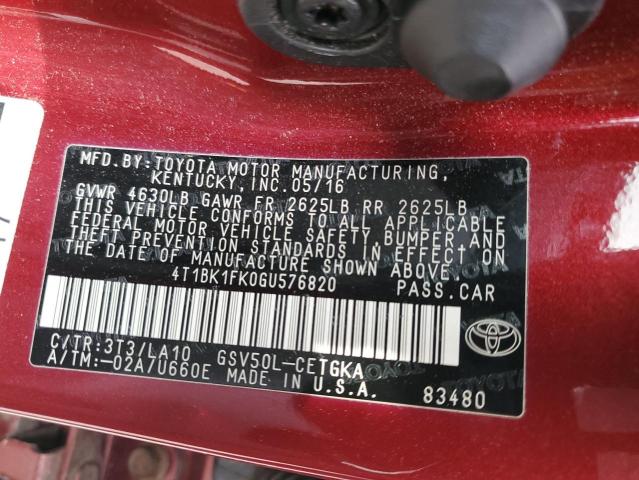 4T1BK1FK0GU576820 - 2016 TOYOTA CAMRY XSE 勃艮第红 照片 12