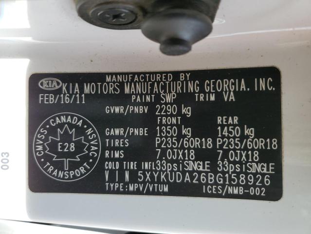 5XYKUDA26BG158926 - 2011 KIA SORENTO EX 白色 照片 14