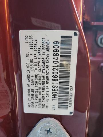 1HGES16602L048909 - 2002 HONDA CIVIC LX MAROON photo 12