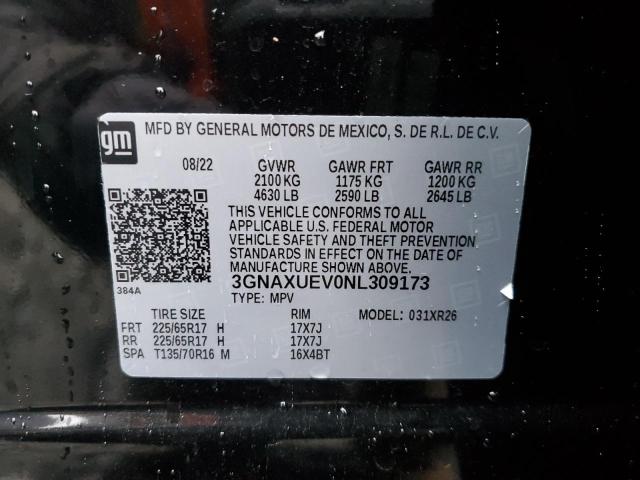 3GNAXUEV0NL309173 - 2022 CHEVROLET EQUINOX LT BLACK photo 13