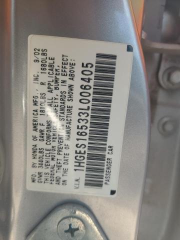 1HGES16533L006405 - 2003 HONDA CIVIC LX ვერცხლისფერი ფოტო 12