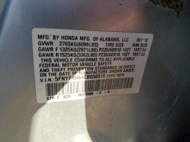 5FNYF4H64CB036510 - 2012 HONDA PILOT EXL SILVER photo 13