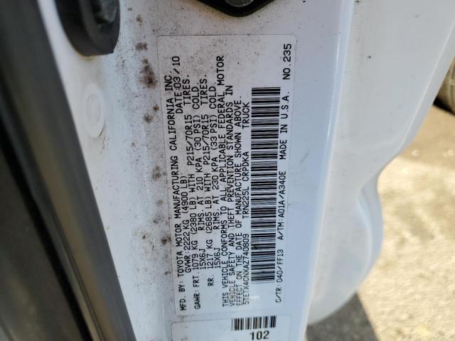 5TETX4CNXAZ740809 - 2010 TOYOTA TACOMA ACCESS CAB Ақ фото 12