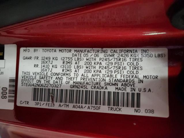 5TEUU42N06Z270327 - 2006 TOYOTA TACOMA ACCESS CAB Rot Foto 12