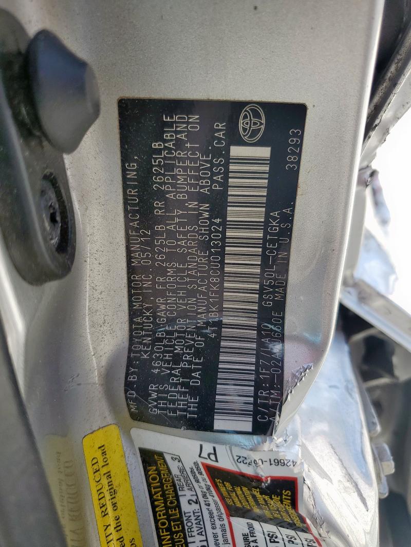 4T1BK1FK8CU013024 - 2012 TOYOTA CAMRY SE Сріблястий фото 12