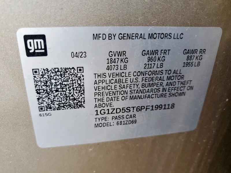 1G1ZD5ST6PF199118 - 2023 CHEVROLET MALIBU LT თაფლისფერი ფოტო 12