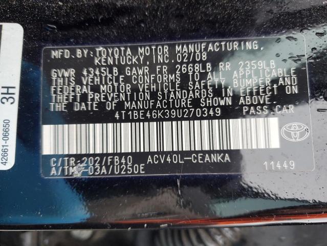 4T1BE46K39U270349 - 2009 TOYOTA CAMRY BASE BLACK photo 12