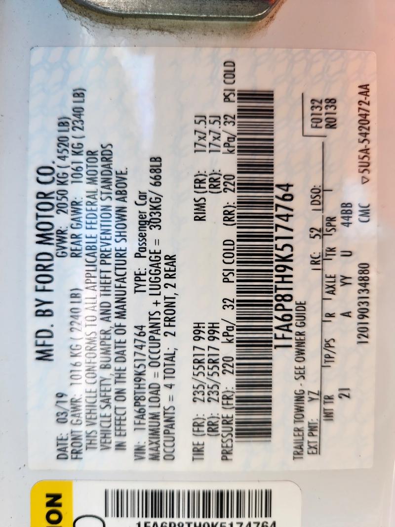 1FA6P8TH9K5174764 - 2019 FORD MUSTANG თეთრი ფოტო 13