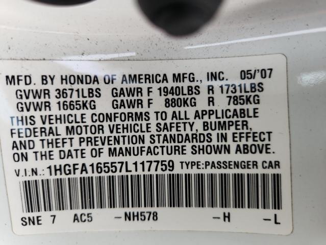 1HGFA16557L117759 - 2007 HONDA CIVIC LX Ağ foto 13