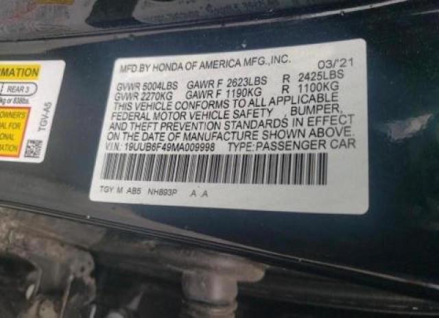 19UUB6F49MA009998 - 2021 ACURA TLX TECHNOLOGY 黑色 照片 10