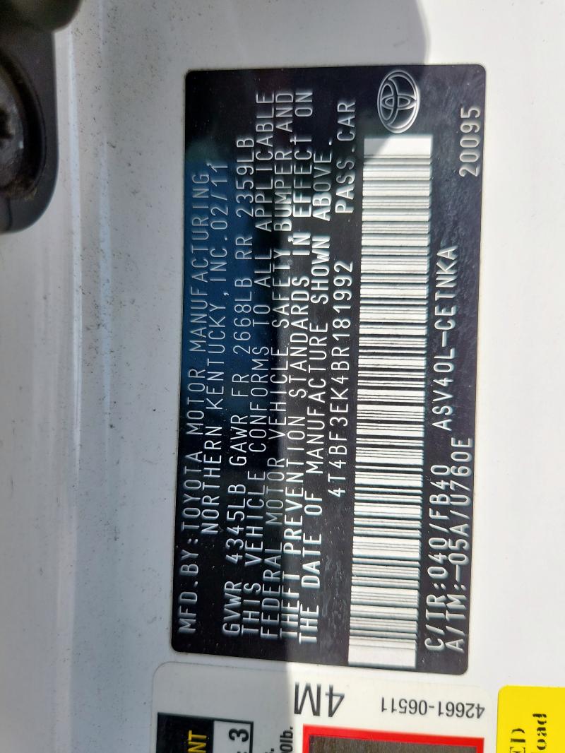 4T4BF3EK4BR181992 - 2011 TOYOTA CAMRY BASE 白色 照片 12