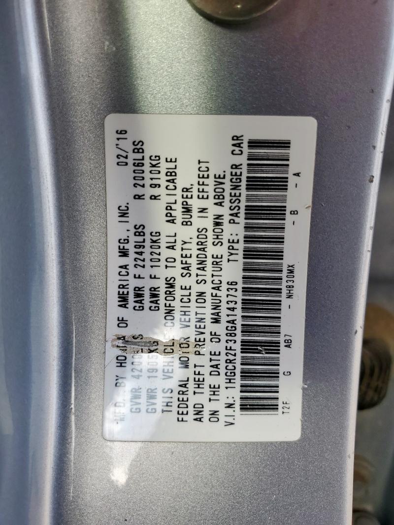 1HGCR2F38GA143736 - 2016 HONDA ACCORD LX 银色 照片 12