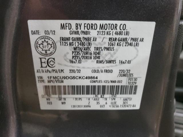 1FMCU9DG5CKC49864 - 2012 FORD ESCAPE XLT GRAY photo 13