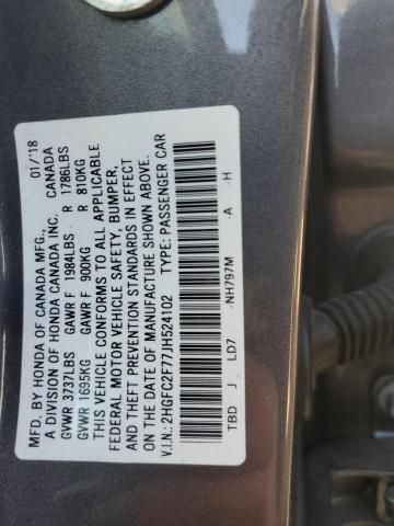 2HGFC2F77JH524102 - 2018 HONDA CIVIC EX Boz foto 12