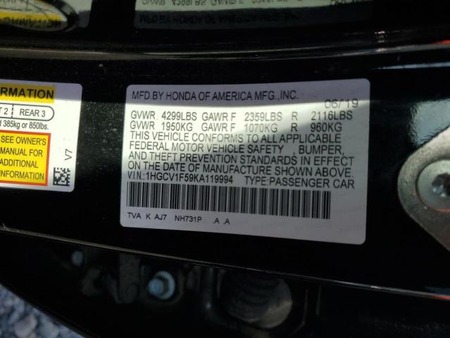 1HGCV1F59KA119994 - 2019 HONDA ACCORD EXL Schwarz Foto 12