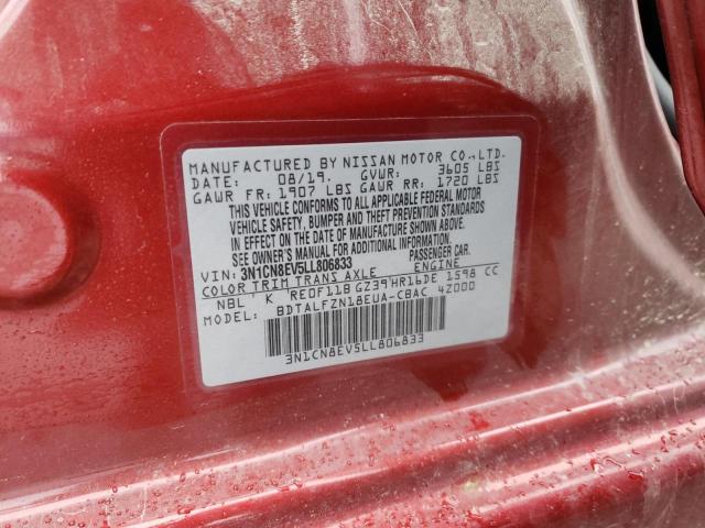 3N1CN8EV5LL806833 - 2020 NISSAN VERSA SV RED photo 12