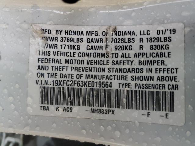 19XFC2F63KE019564 - 2019 HONDA CIVIC LX WHITE photo 12