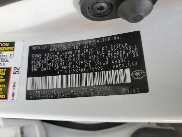 4T1B11HK4KU746525 - 2019 TOYOTA CAMRY L 白色 照片 12