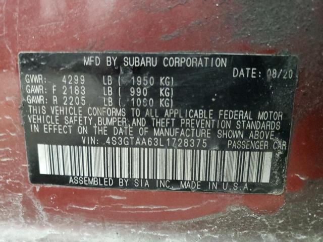 4S3GTAA63L1728375 - 2020 SUBARU IMPREZA RED photo 12