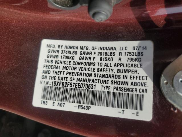 19XFB2F57EE070631 - 2014 HONDA CIVIC LX BURGUNDY photo 12