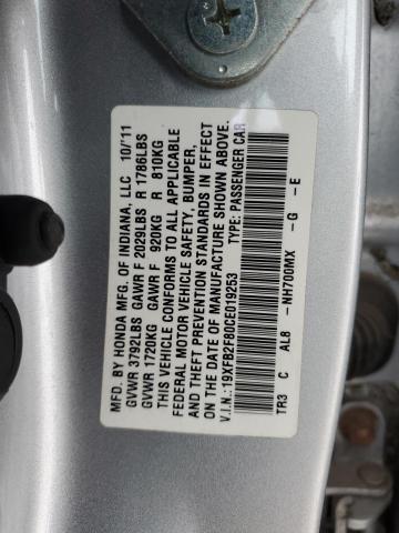 19XFB2F80CE019253 - 2012 HONDA CIVIC EX SILVER photo 12