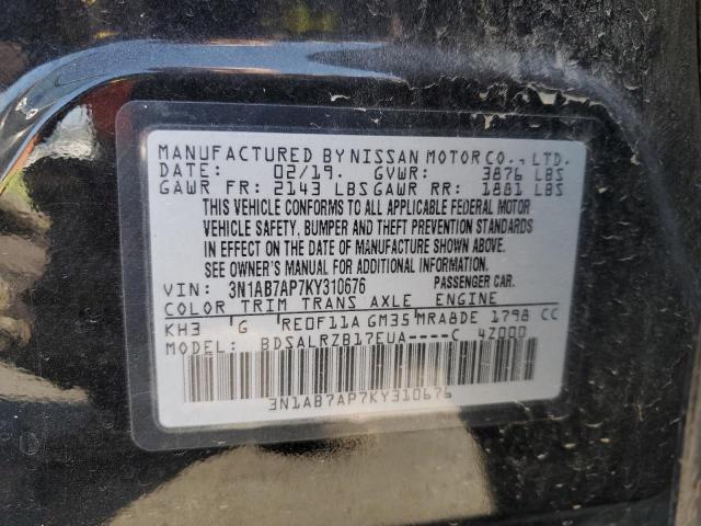 3N1AB7AP7KY310676 - 2019 NISSAN SENTRA S BLACK photo 12