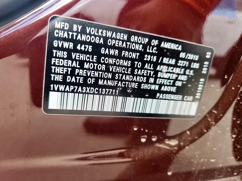 1VWAP7A3XDC137711 - 2013 VOLKSWAGEN PASSAT S Bordeaux photo 12