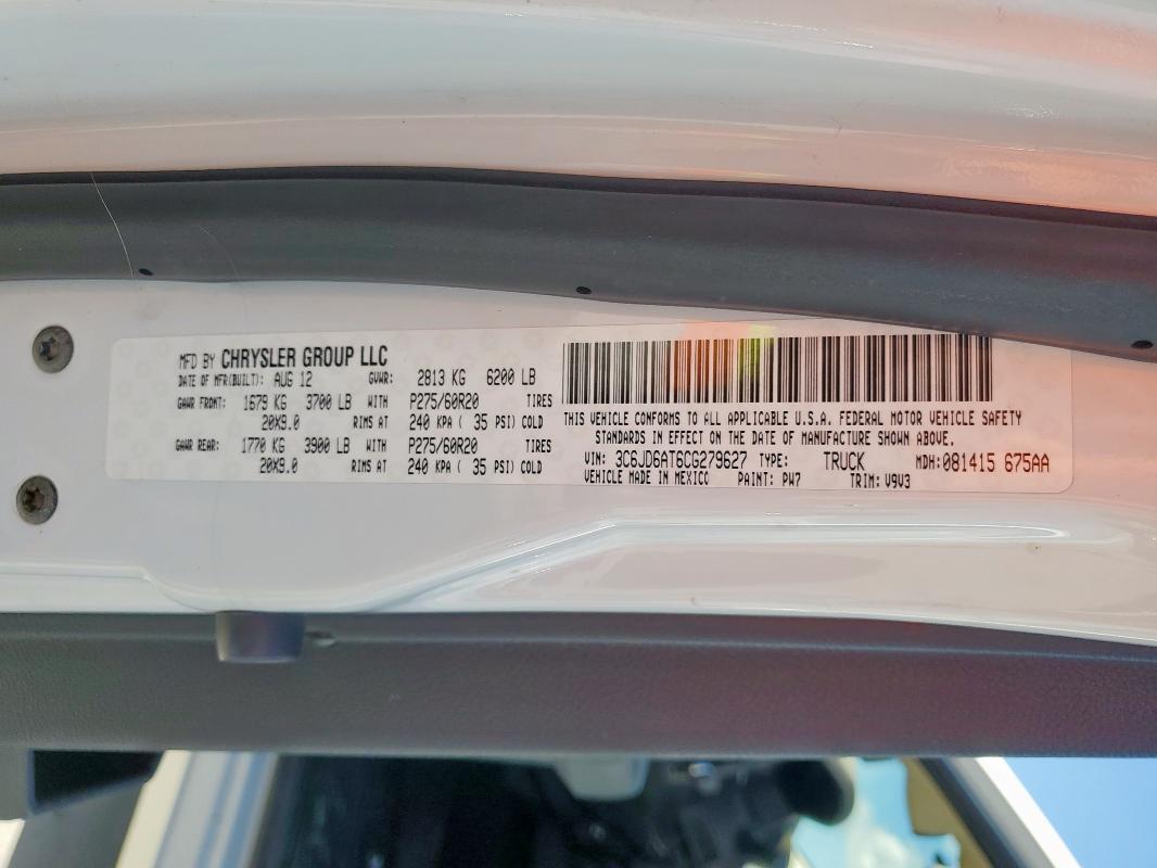 3C6JD6AT6CG279627 - 2012 DODGE RAM 1500 ST WHITE photo 13