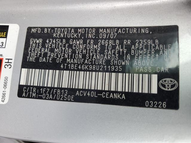 4T1BE46K98U211935 - 2008 TOYOTA CAMRY CE SILVER photo 13