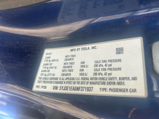 5YJ3E1EA6NF371937 - 2022 TESL MODEL 3 BLUE photo 10