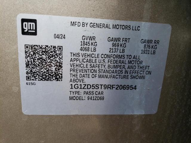 1G1ZD5ST9RF206954 - 2024 CHEVROLET MALIBU LT GOLD photo 12