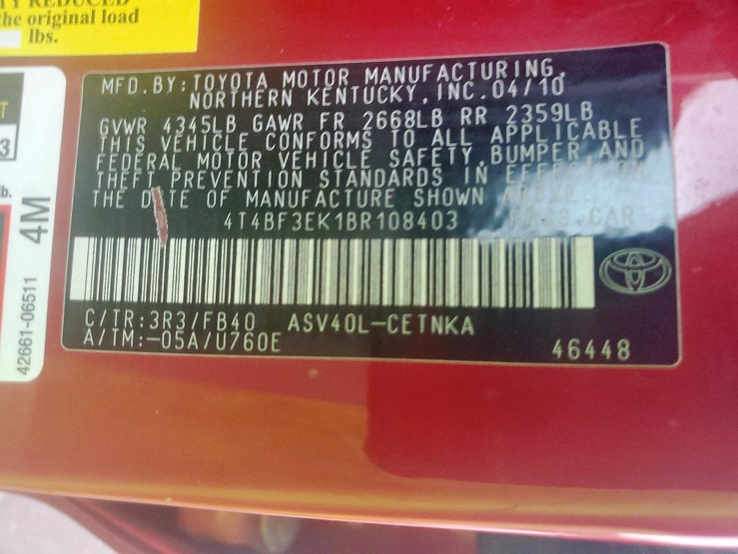 4T4BF3EK1BR108403 - 2011 TOYOTA CAMRY BASE RED photo 12